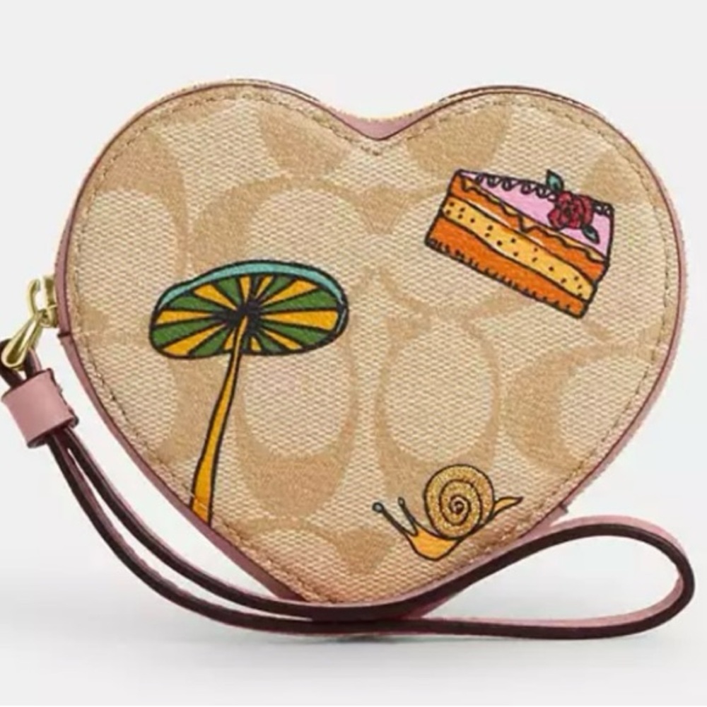 Coach X Observed By Us NWT Heart Coin Case In Signature Canvas in tan and pink - Picture 1 of 8
